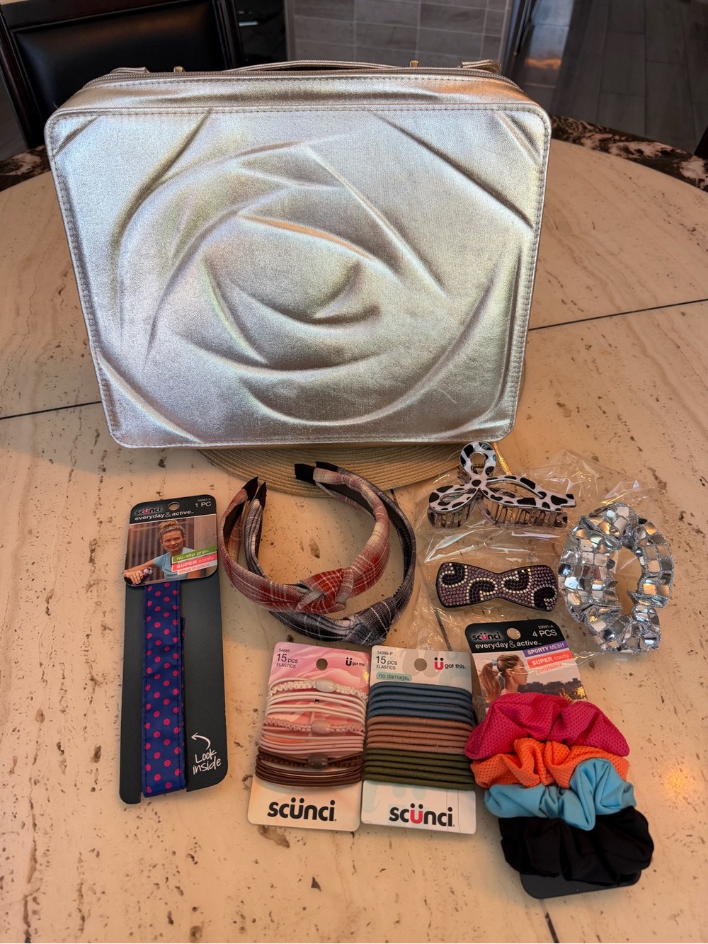 Lancôme Gold Embossed Storage Case with Scunci Hair Accessories Bundle